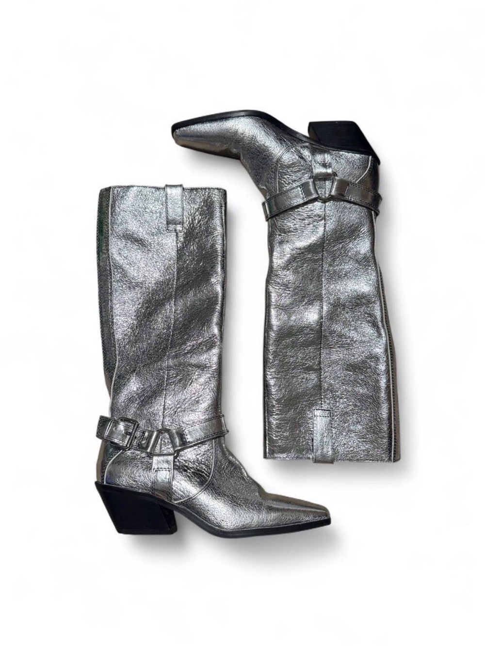 Metallic Silver Pointed-Toe Mid-Calf Heeled Boots
